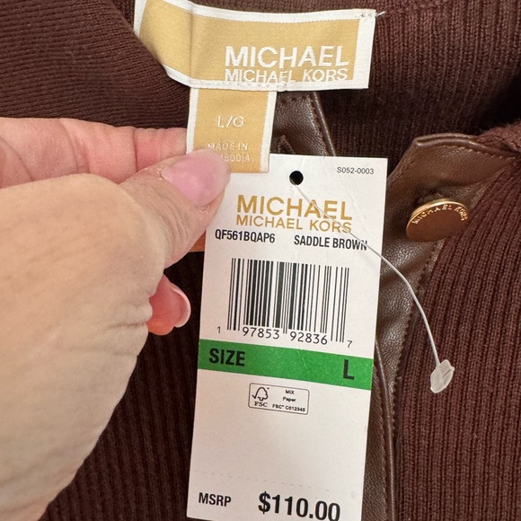 MICHAEL Michael Kors Brown V-Neck Sweater with leather like detail - Picture 2 of 4